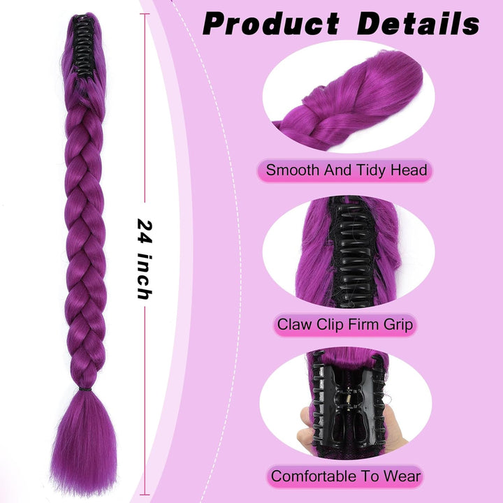 Long Purple Hair Extensions Synthetic Fiber Braid Cosplay Purple Braiding Hair 24 INCH Easy Claw Clip Ponytail Extension for Cosplay Halloween Costume (Purple, 24 Inch)