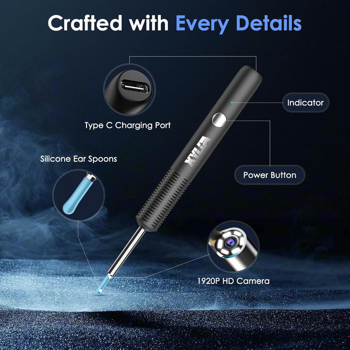 Ear Wax Removal Kit with 1920P HD Camera Wireless Otoscope Earwax Cleaner with 12 PCS Ear Spoons & 6 LED Lights Earwax Remover Tool Portable Type-C Rechargeable for Iphone Ipad Android (Black)