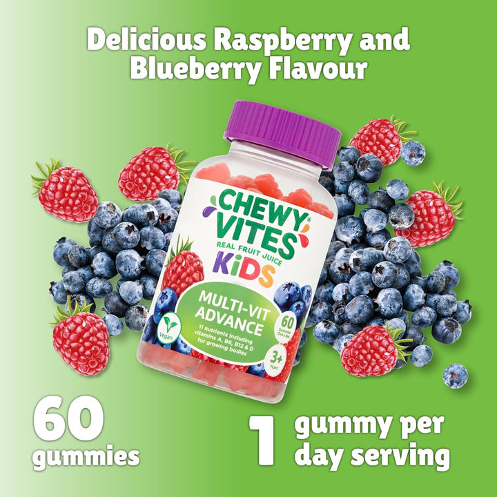 Kids Multivitamin Advance, 60 Kids Vitamins Gummies, 11 Essential Nutrients, 2 Months Supply, Real Fruit Juice, Vegan, Age 3 +, Blueberry and Raspberry Flavour