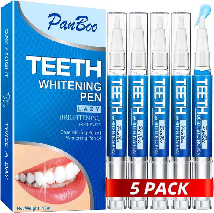 Teeth Whitening Pen 5 Pack for 70+ Treatments | Enamel-Safe & Sensitivity-Free 4 Whitening Pens plus 1 Desensitizing Pen | Instant Teeth Whitening Kit That 1-6 Shade Whiter in 1-2 Weeks | Mint Flavor