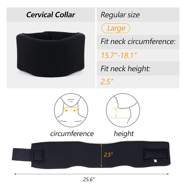 Soft Foam Neck Brace Universal Cervical Collar, Adjustable Neck Support Brace for Sleeping - Relieves Neck Pain and Spine Pressure, Neck Collar after Whiplash or Injury (Black, 2.5" Depth Collar, L)