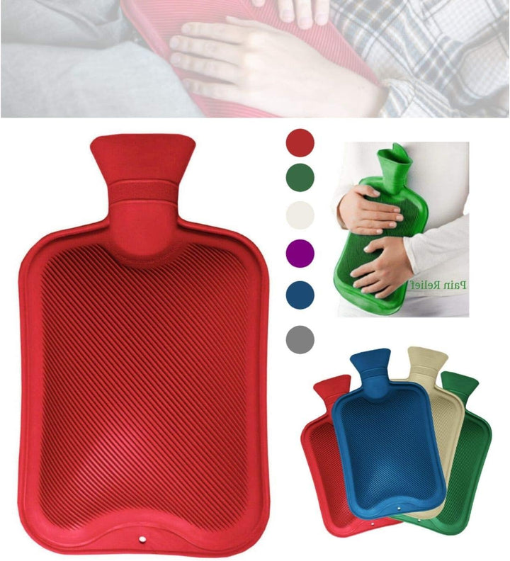 Pack of 2 Hot Water Bottles Natural Rubber Large Hot Water Bottle 2L Large Capacity | Ribbed Hot Water Bag for Pain Relief Secure & Leakproof (Assorted Colours)