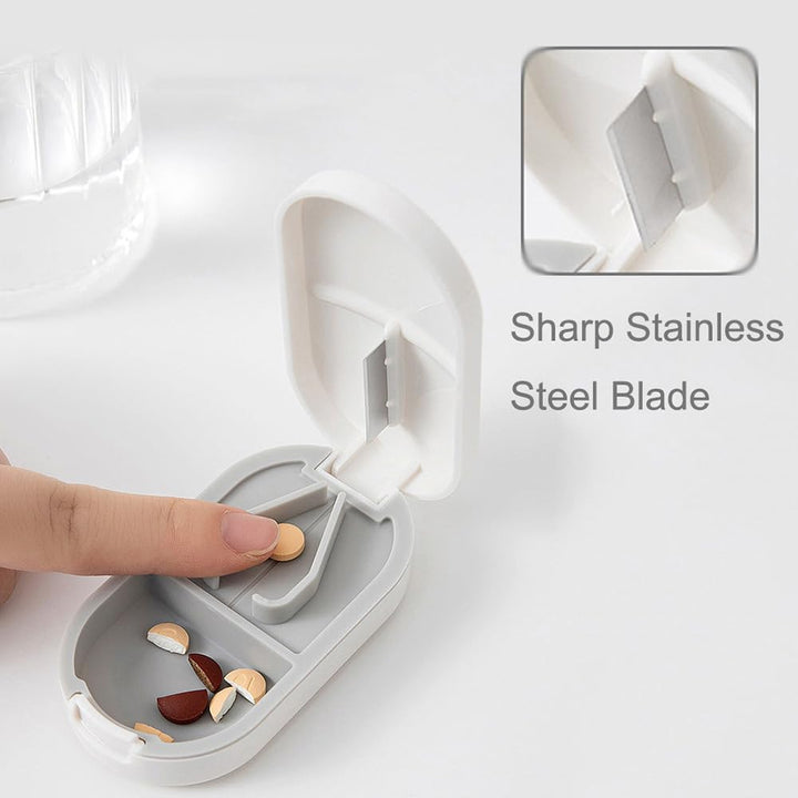 Pill Cutter Travel Portable Tablet Cutter with Blade and Storage Compartment，Pill Box Organiser, Small or Large Pills Cut in Half Quarter for Pills Tablets (White)
