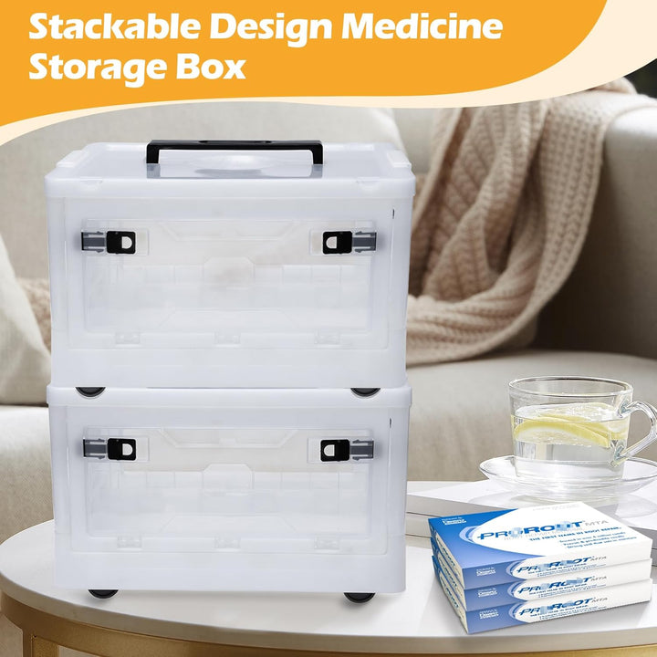 Extra Large Medicine Storage Box with Handles and Wheels, First Aid Box Clear Medicine Organiser with Removable Tray, Multipurpose Plastic Medication Storage Boxes