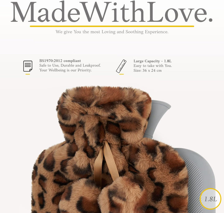 Hot Water Bottle with Cover UK - 1.8L Large Soft Fluffy Fleece Cover Hot Water Bottle for Pain Relief, Period Pain, Back Pain & Cozy Warmth – Great Gift for Men & Women (Light Brown)