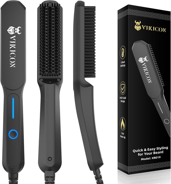 Beard Straightener Comb for Men, Professional Beard Hair Straightening Heated Brush W/Anti-Scald, 3 Temperatures & LCD Display, Portable Ionic Hot Comb with Travel Bag, Gifts for Men