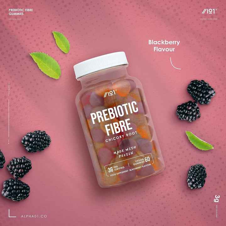 Prebiotic Fibre Gummies 3G - 60 Vegan Gummies - Chicory Root Inulin, Blackberry, Strawberry & Peach Flavour (30 Day Supply) by