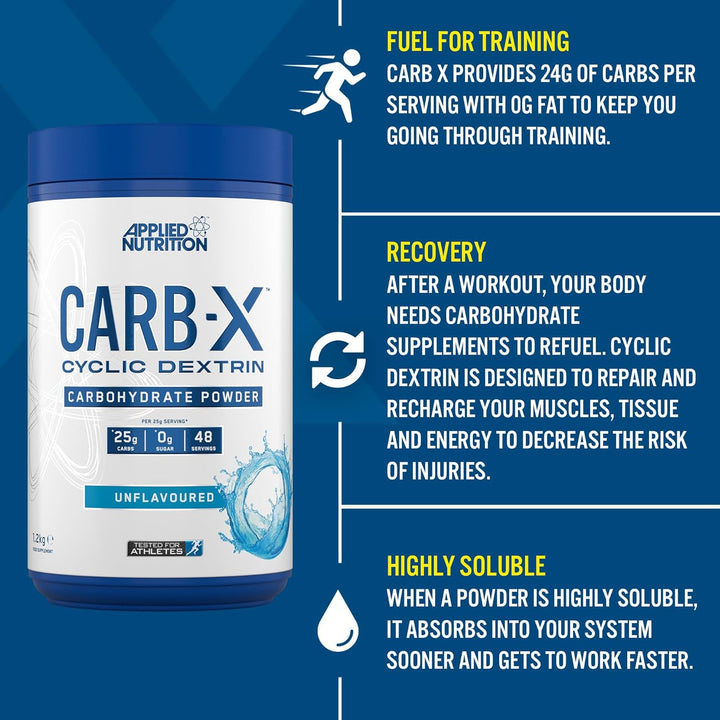 Carb X Highly Branched Cyclic Dextrin Carbohydrates, Intra & Post Workout Carbs Powder, Fuel Training & Recovery, Vegan, Gluten Free, Sugar Free, 1.2Kg 48 Servings (Unflavoured)