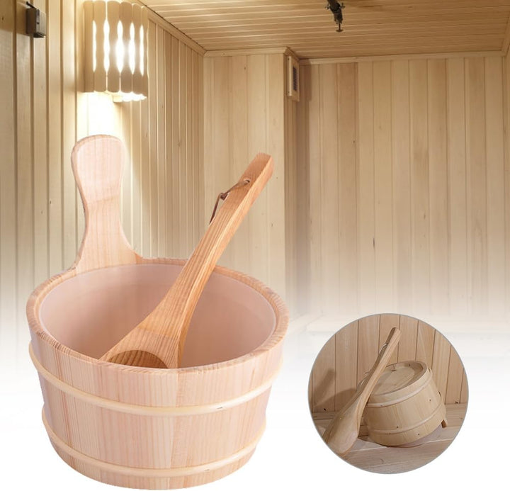 2 Pieces Sauna Wooden Bucket and Ladle Set, Sauna Accessories Kit, Wood Sauna Barrel Set, 4L Sauna Water Bucket with Handle and Spoon, Wooden Buckets Bathroom Wooden Bucket & Ladle Set