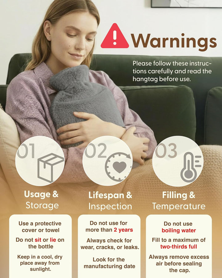 Hot Water Bottle 2L with Soft Faux Fur Cover, Leakproof Natural Rubber, Long Lasting Warmth for Neck, Back & Hands, Fluffy Cosy Design for Men & Women, Winter Comfort - Grey