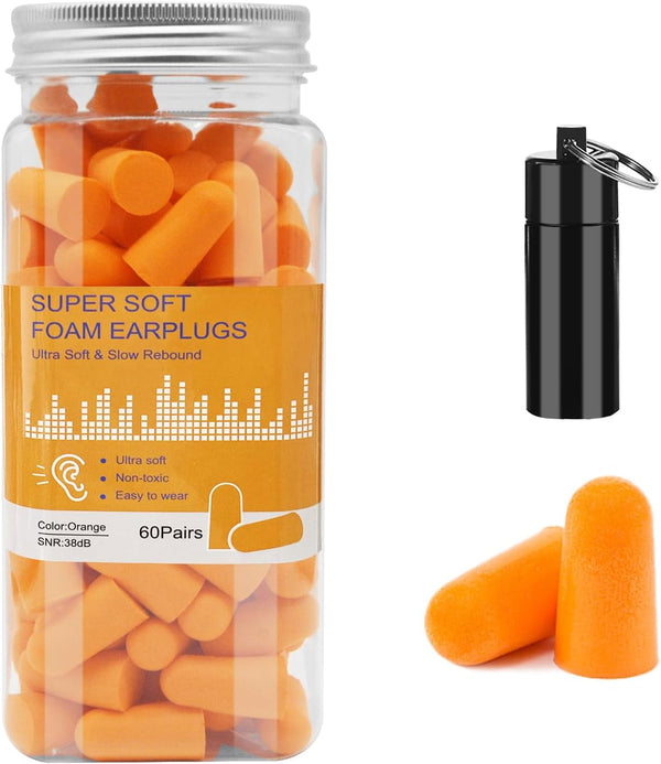 Soft Foam Ear Plugs with Aluminum Carry Case, 60 Pairs - 38Db Noise Reduction Sponge Earplugs Noise Cancelling Ear Plugs for Sleeping, Travel, Concerts, Studying, Work, Loud Noise (Orange)