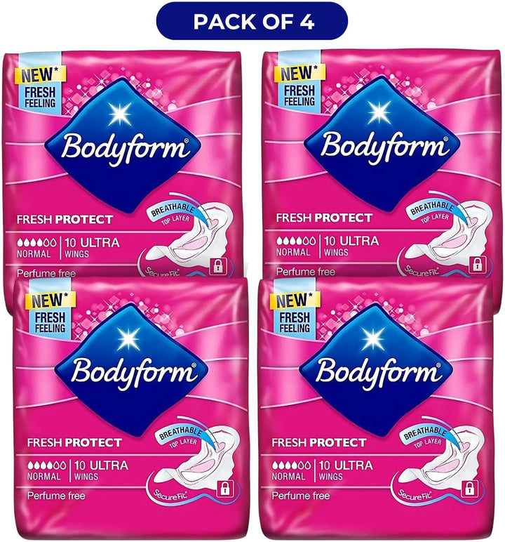 Body Form 10 Ultra Sanitary Towels with Wings Pack of 4, 40 (10 X4 Packs) Perfume Free Period Pads, Normal Flow Cour-V Ultra with  Period Tracker