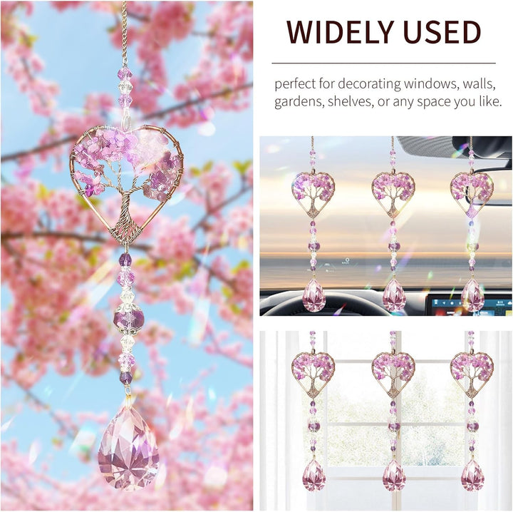 Tree of Life Amethyst Sun Catchers – Natural Chakra Healing Crystal Window Decor, Spiritual Gift for Women & Girls, Rainbow Maker with Quartz Gemstone Pendant, Unique Home & Garden Ornamen