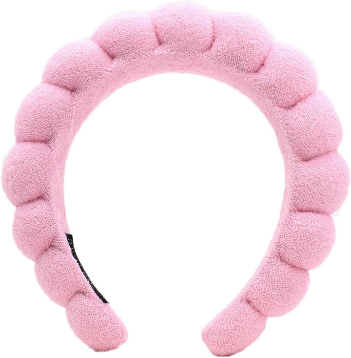 Puffy Makeup Headband Spa Headbands for Women Sponge & Terry Towel Cloth Fabric Cute Skincare Headband for Face Washing, Makeup Removal, Shower, Facial Mask (Pink)