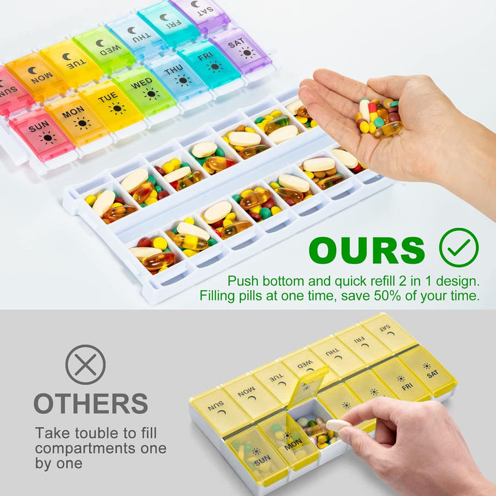 7 Day Pill Organiser 2 Times a Day, Weekly Pill Box Push Button 2 in 1 Design, Large Tablet Box for Travel, BPA Free Daily Pill Case, Pill Boxes 14 Day for Vitamin/Fish Oil/Supplements/Medication