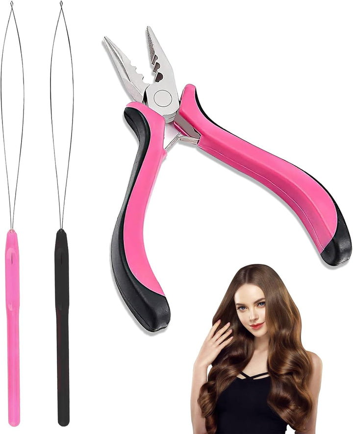 3Pcs Professional Nano Hair Extension Tools,Hair Extension Pliers Kit Includes 1 Plier&2 Loop Threaders,Nano Beads Hair Extensions Kit,Nano Bead Tool for Easy Hair Extension and Removal Tool