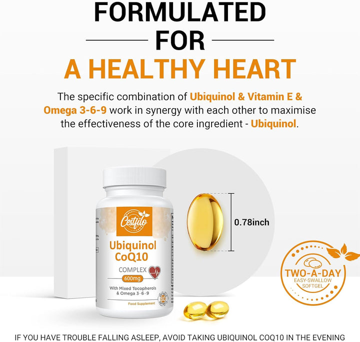 Ubiquinol Coq10 600Mg Softgels - Active Form of Coq10 plus Vitamin E & Omega 3 6 9 - Advanced Antioxidant Coenzyme Q10 Supplement for Heart & Brain (60 Count, (Pack of 1))
