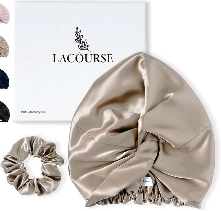 100% Genuine 22Momme Silk Bonnet for Sleeping, Double-Layered Mulberry Silk Hair Wrap with Premium Elastic Stay on Head. (One Size, Pink)