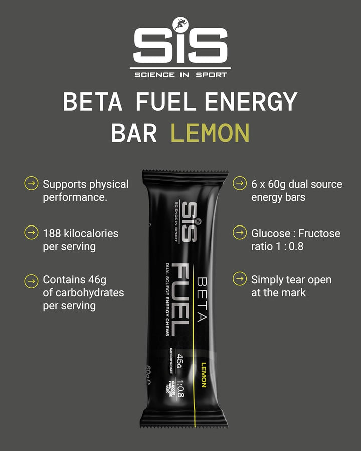 Beta Fuel Dual Source Energy Chews, Energy Bars, Lemon Flavour, 45G of Carbs, 60G Bar (6 Pack)