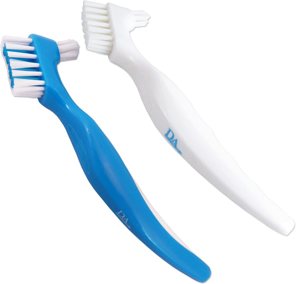 Denture Brush (Set of 2) Blue & White Brushes ~ Easy Grip Handle, Double Bristle Head