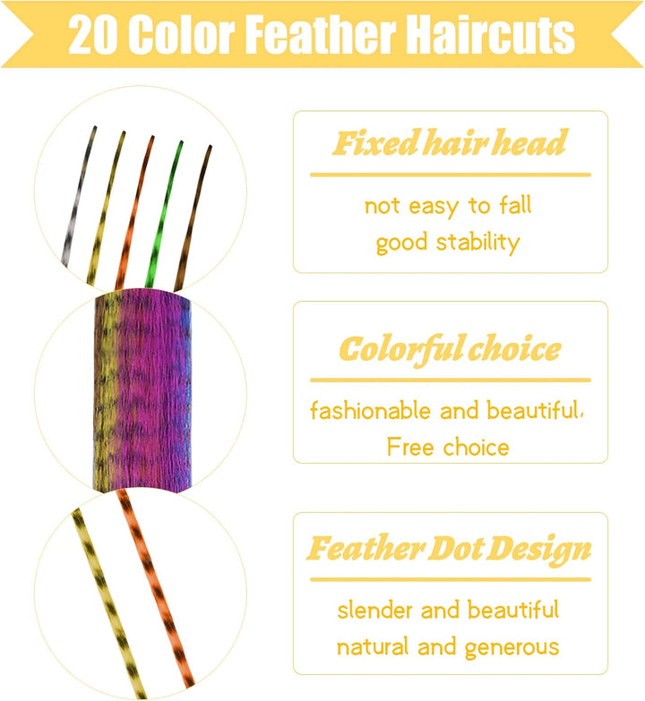 20Pcs Feather Hair Extensions, Colored Hair Extensions Kits, Colorful Hairpieces Feathers, Synthetic Hair Extension Kits with 50 Micro Beads and 1 Crochet Hook for Girls Women