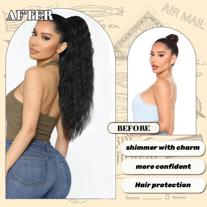 Black Hair Claw Clip with Long Curly Wavy Ponytail Extensions - Drawstring Ponytail for Women - Natural Black (18'')