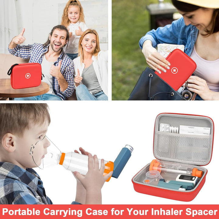 Asthma Medications Case, Hard Travel Case for Inhaler Spacer, Inhaler Mask, Pills, First Aid Supplies, Red