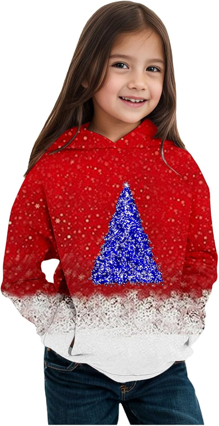 2025 Christmas Print Girls Hooded Sweatshirt Long Sleeve Pullover Top for Winter Holiday Festive Outfit Cozy Fleece Lined Soft Casual Wear