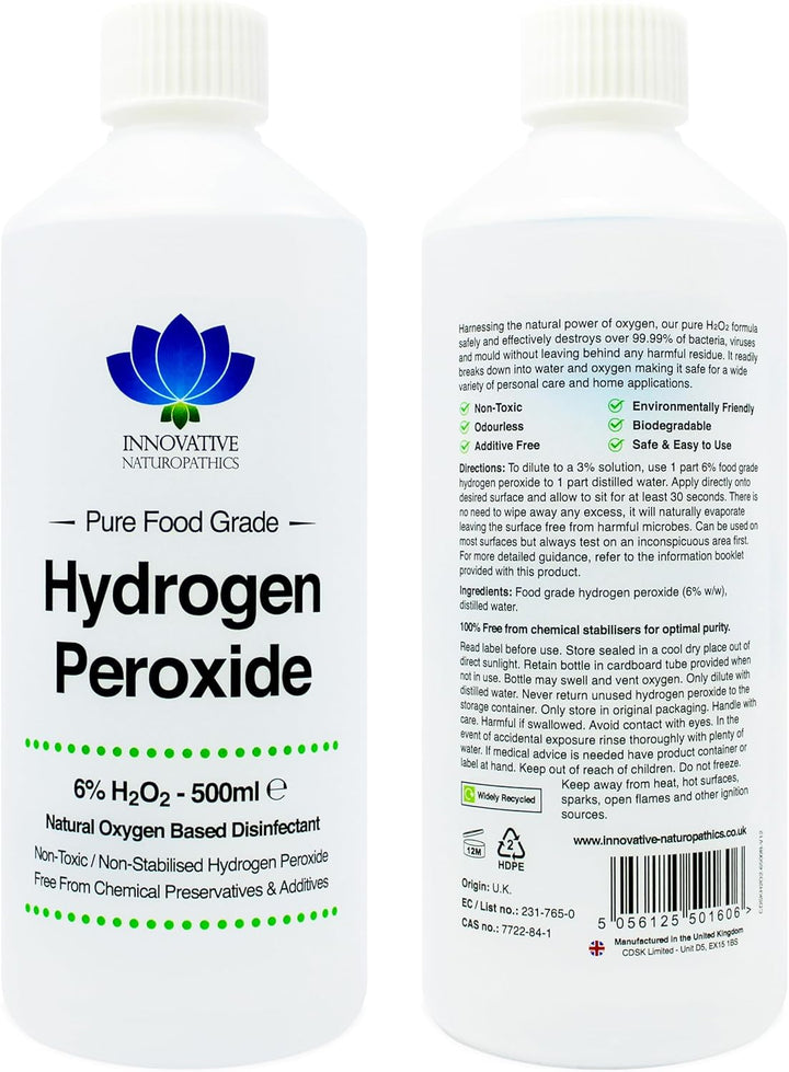Food Grade Hydrogen Peroxide - Purest Grade 6% - 500Ml - Unstabilized and Additive Free - 20 Vols
