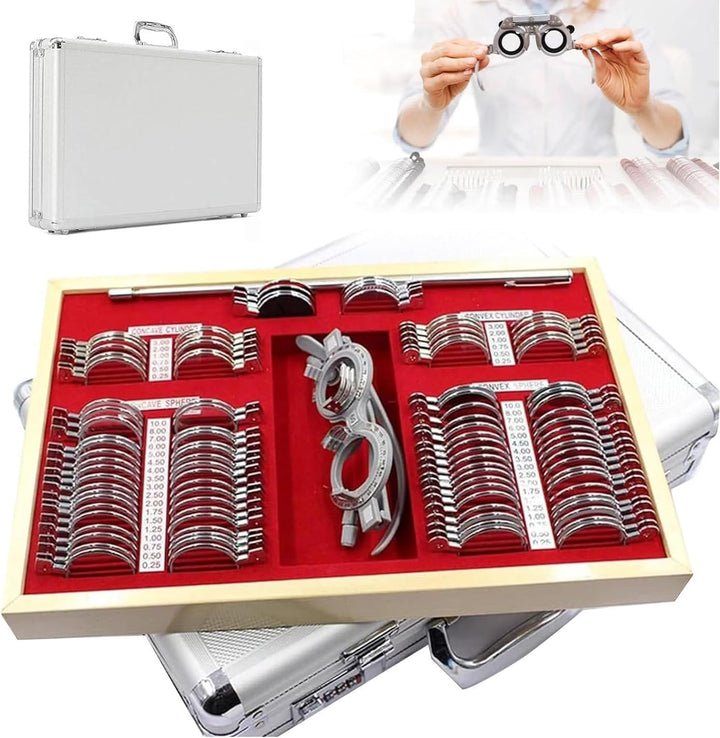 104 PCS Optical Trial Lens Set Optometry Kit Metal Rim Aluminium Case Kit Set with Optometry Test Trial Frame, Accurate Rim Retinoscopy Rack Lenses Test Glasses