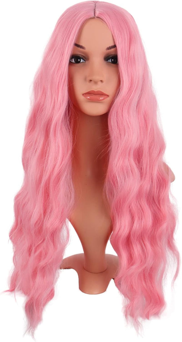 28 Inch/70 Cm Long Wavy Middle Part with No Bangs Synthetic Fiber Curly Fashion Women Party Cosplay Wig (Light Pink)