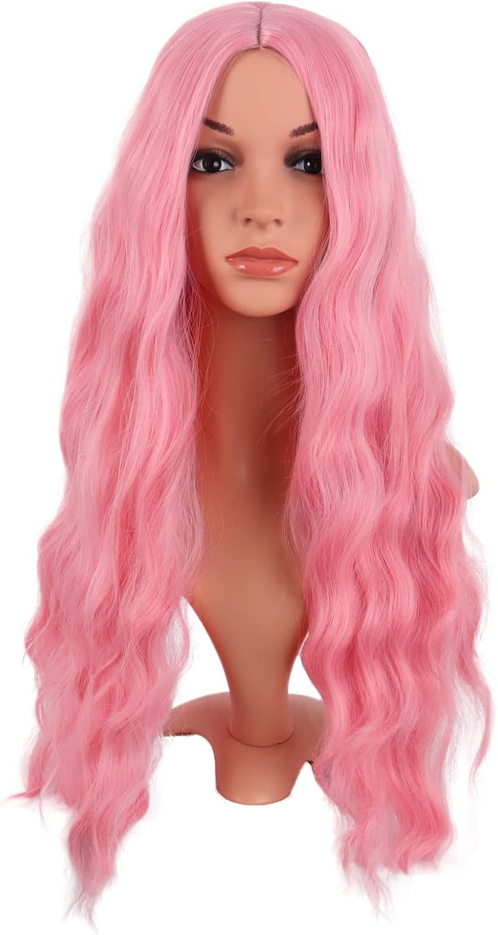 28 Inch/70 Cm Long Wavy Middle Part with No Bangs Synthetic Fiber Curly Fashion Women Party Cosplay Wig (Light Pink)