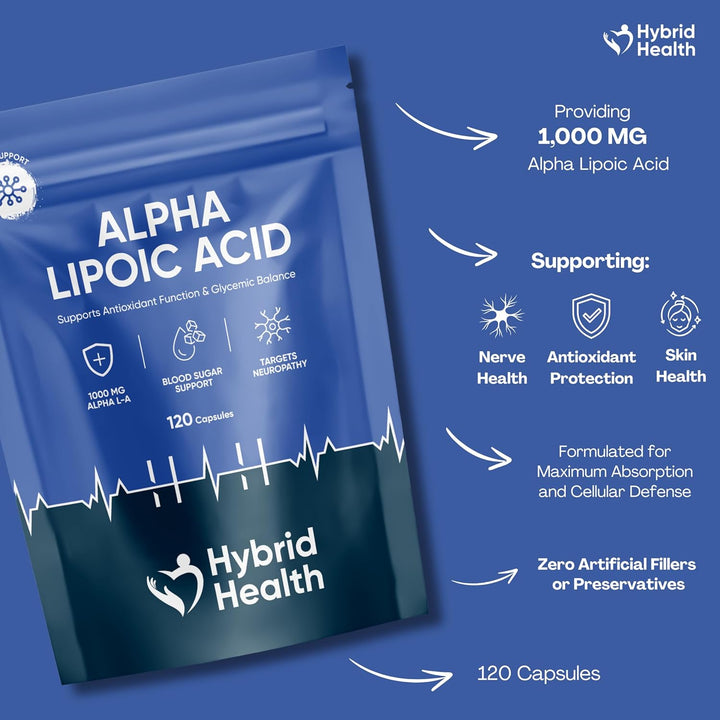 Alpha Lipoic Acid 1000 MG Supplement | 120 High Strength ALA Capsules | Free from Artificial Preservatives | Vegan Non-Gmo | 2 Months Supply