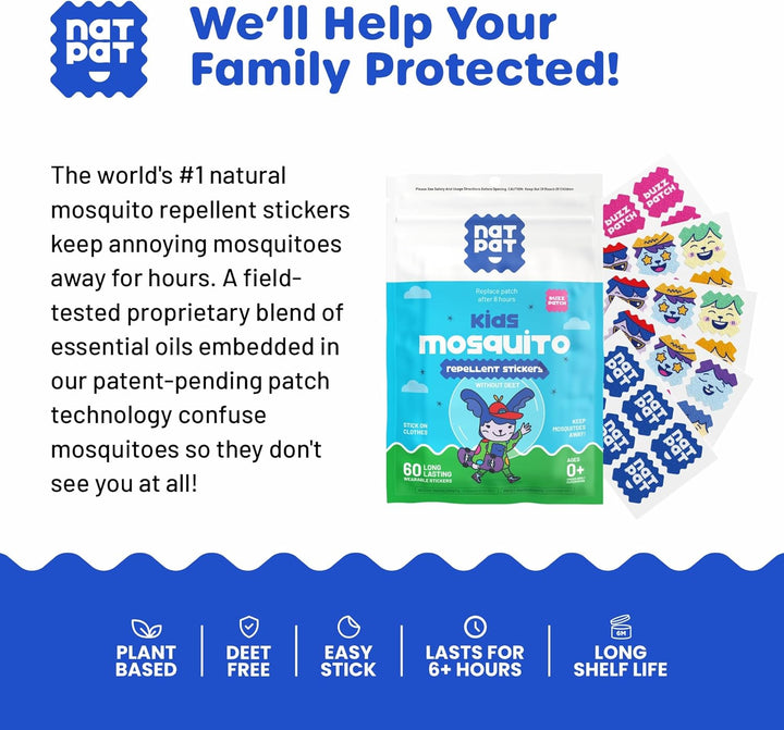 NATPAT Buzz Patch Mosquito Patch Stickers for Kids (60 Pack) - the Original All Natural Citronella Essential Oil Insect Patch, Plant Based Ingredients, Non-Toxic, DEET Free, for Toddlers, Kids