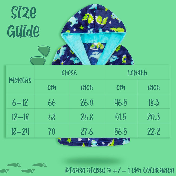 Baby Boys Dino Dressing Gown Hooded Bathrobe Kimono Robe Dinosaur Print Size 6-24 Months