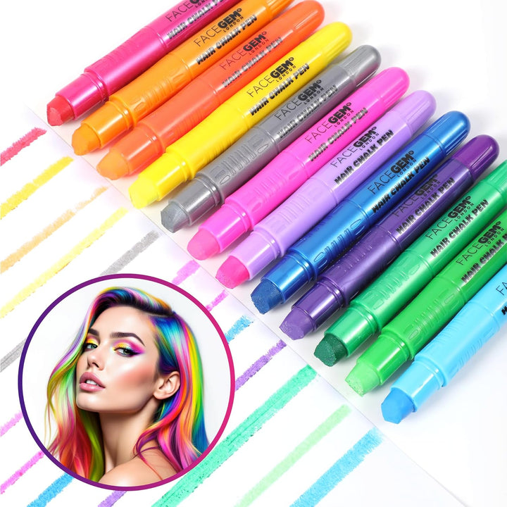 12 Hair Chalks, 12 NEON & METALLIC Hair Chalk, Non-Toxic Easy Washable Hair Dye Colourful, METALLIC & NEON Hair Chalk - Perfect for Festivals, Halloween, Parties, Hair Chalks for Girls