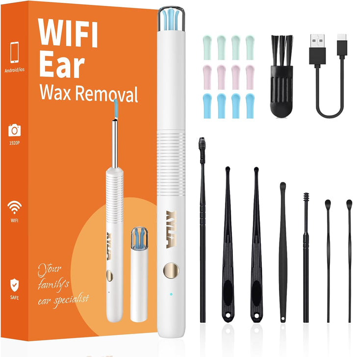 Ear Wax Removal Kit with 1920P HD Camera Wireless Otoscope Earwax Cleaner with 12 PCS Ear Spoons & 6 LED Lights Earwax Remover Tool Portable Type-C Rechargeable for Iphone Ipad Android (Black)