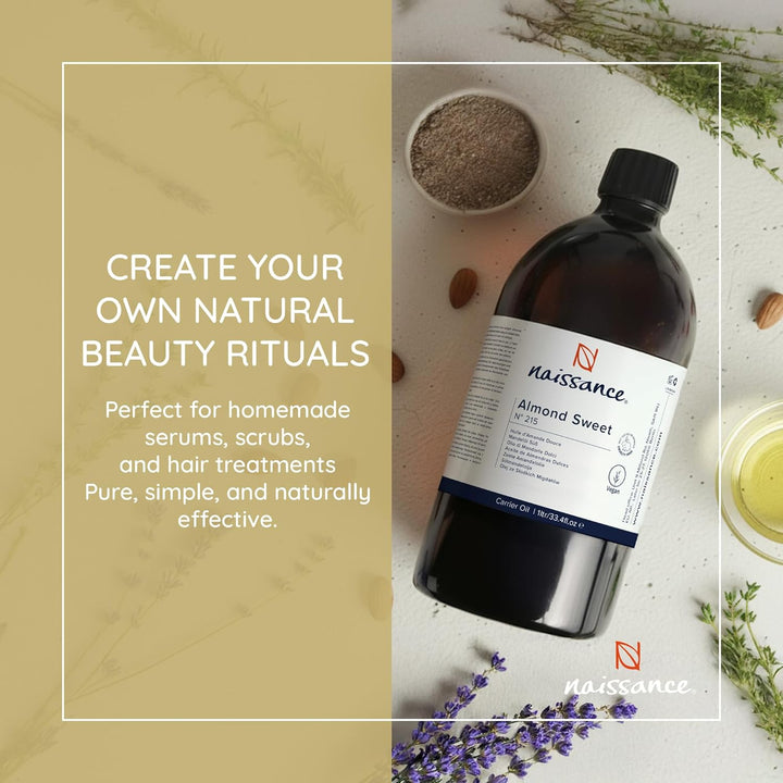 Sweet Almond Oil (No. 215) 1 Litre – for Skin, Hair, Massage, Nails, Cuticles, Ears, Face, Body, Stretch Marks - Natural Skin Care, Carrier Oil for Aromatherapy