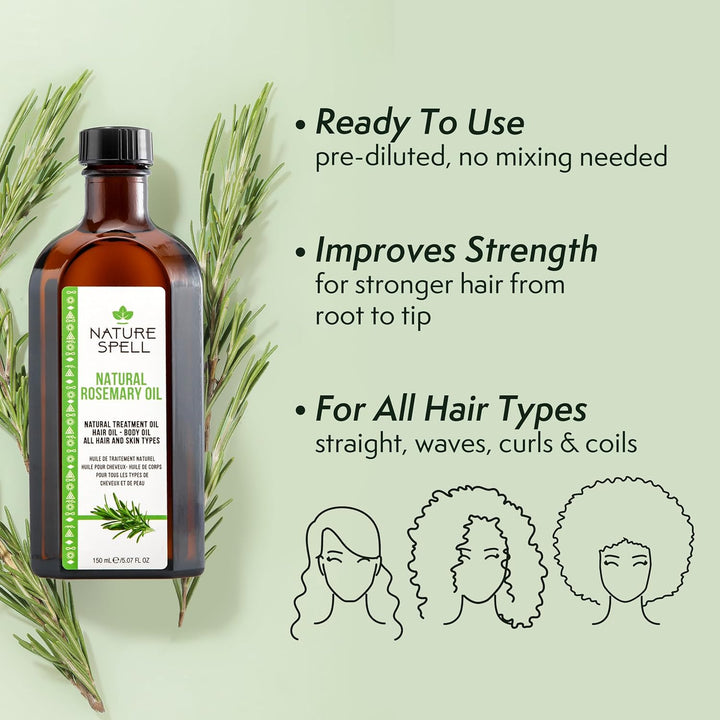 Rosemary Oil for Hair Growth, Pre-Diluted Scalp Oil, Stimulates Growth, Strengthens Dry and Damaged Strands, Nourishes Split Ends, Colour Safe, for All Hair Types, Vegan, 150 Ml