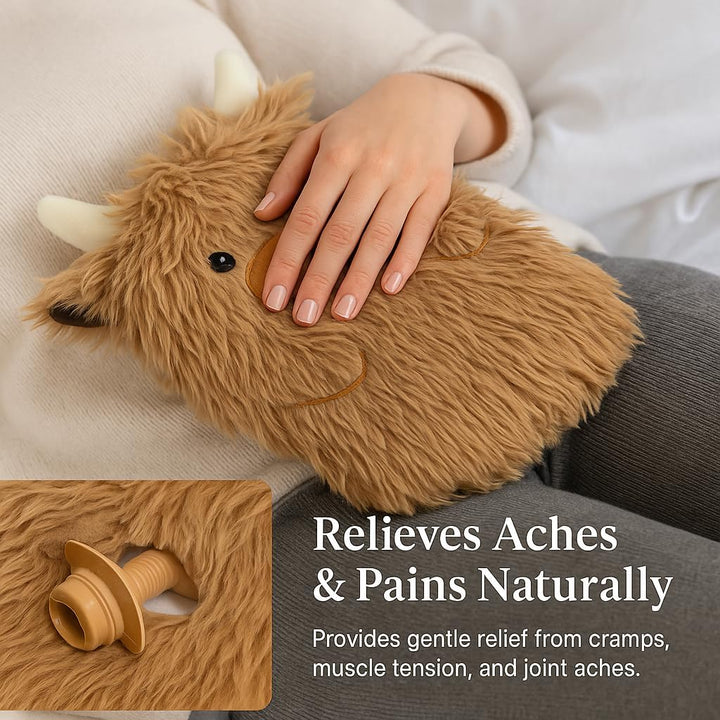 Highland Cow Cattle 3D Hot Water Bottle 1 Litre Capacity Soft Plush Cover Cute Animal Design Natural Rubber Bottle Heat Therapy Neck Back Pain Relief Bedtime Relax Gift Idea for Adults & Kids
