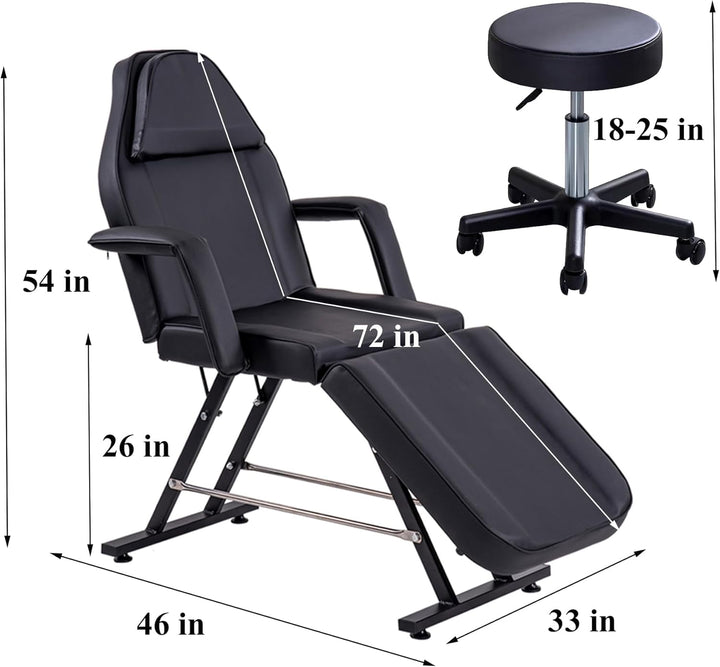 Beauty Bed with Stool Massage Table with Head Cushion 3 Section Adjustable Beauty Bed Professional Tattoo SPA Salon Chair (Black)