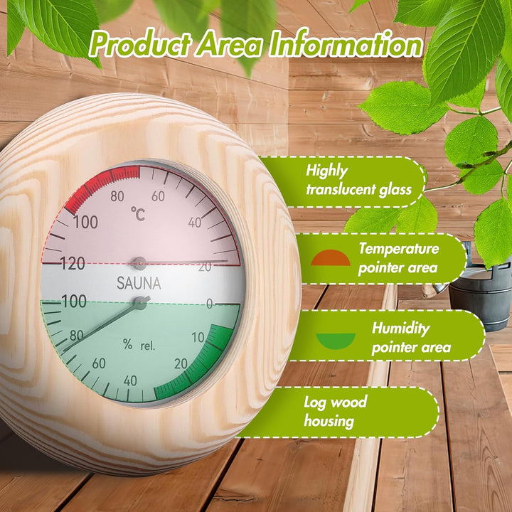 2-In-1 Sauna Thermometer and Hygrometer,High Accuracy Sauna Accessories,Round Wooden Hygrometer Humidity Meter for Steam Room Sauna Room