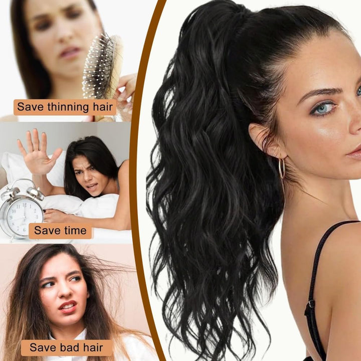 Black Hair Claw Clip with Long Curly Wavy Ponytail Extensions - Drawstring Ponytail for Women - Natural Black (18'')