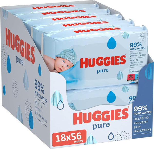 Pure, Baby Wipes, 18 Packs (1008 Wipes Total) - 99 Percent Pure Water Wipes - Fragrance Free for Gentle Cleaning and Protection - Natural Wet Wipes(Packaging May Vary)