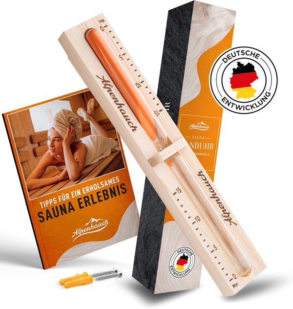 Sauna Sand Timer 15 Minutes Made of 100% Natural Wood,Elegant Sauna Clock with Ultra Fine Sand,360° Rotatable Wooden Sauna Clock,Includes Sauna Book + Mounting Accessories