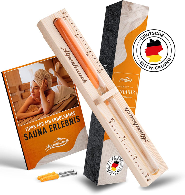 Sauna Sand Timer 15 Minutes Made of 100% Natural Wood,Elegant Sauna Clock with Ultra Fine Sand,360° Rotatable Wooden Sauna Clock,Includes Sauna Book + Mounting Accessories