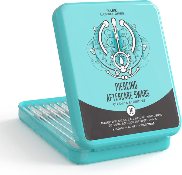 " Base Labs Piercing Aftercare Swabs for Piercing Bump Treatment Earring Cleaner for Pierced Ears, Nose Piercing Aftercare Keloid Bump Removal 36 Saline Cleaning Solution Buds"