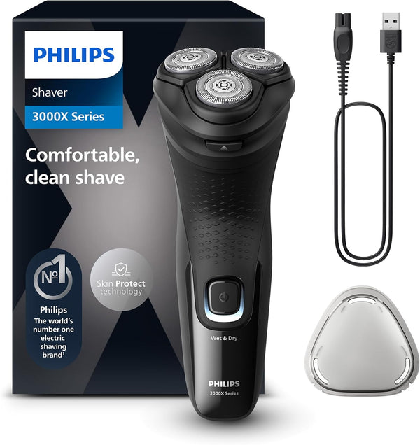 Electric Shaver Series 3000X - Wet & Dry Electric Shaver for Men in Deep Black, with Skinprotect Technology, Pop-Up Beard Trimmer, Ergonomic Men'S Shaver (Model X3001/00)