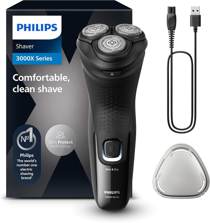 Electric Shaver Series 3000X - Wet & Dry Electric Shaver for Men in Deep Black, with Skinprotect Technology, Pop-Up Beard Trimmer, Ergonomic Men'S Shaver (Model X3001/00)