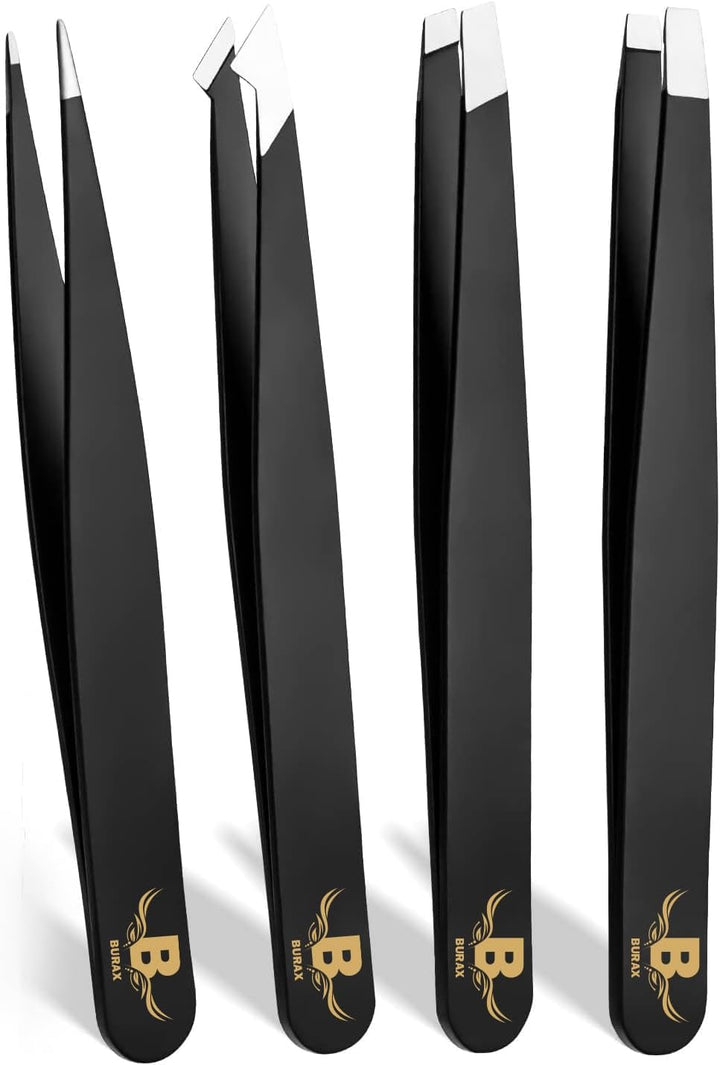 Tweezers for Facial Hair Women Professional Stainless Steel Precision Tweezers for Women & Men (4 Pack Black)